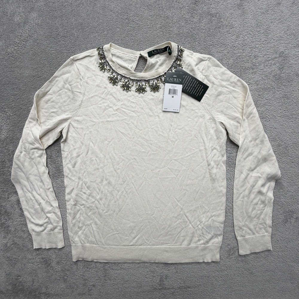 Lauren Ralph Lauren Sweater Womens Medium White Beaded Jewel Rhinestone Pullover
